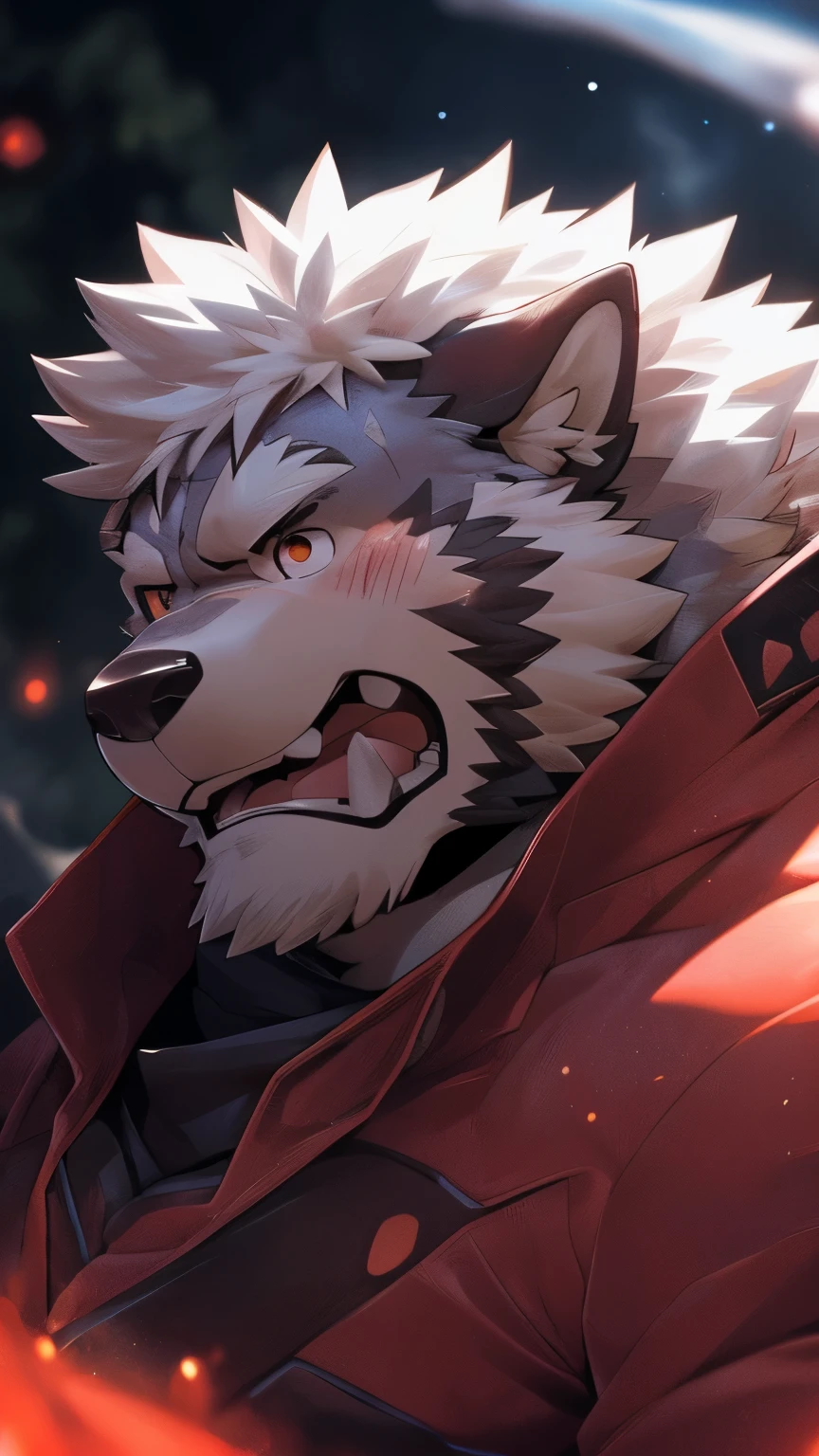 human nature, wild animals, male, 36 years old,uncle,solitary, ((Round Face, The face is plump, Orange Eyes, Thick white hair,Scars)), ((Endomorph, Handsome,Hot Blood)), (Mecha suit,no electricity,exhausted), ((domestic white wolf, Wolf Orc) Fluffy fur, Fluffy, White Stripes), (wolf print), Bokeh, (high quality, high resolution, masterpiece), (Dynamic Lighting, Vibrant colors), (angry,anger,blush), Detailed teeth, Full body pictures (Vision), cartoon, author:Takemoto Arashi, From Zixiong, author:Chunni, author:Ethereal,(background:Rainforest)