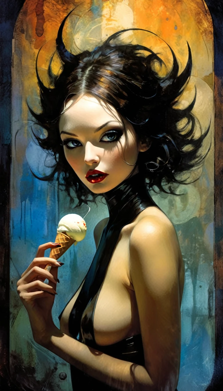 the sexy girl from the ice cream shop, magic, fantasy,(best quality, 4k, 8k, high resolution, masterpiece: 1.2), ultra-detailed, (realistic, photorealistic, photorealistic : 1.37), intricate details, vivid colors, sharp focus, professional, Dave McKean artwork, surreal oil touch, oil painting style, portrait, woman, beautiful detailed eyes, beautiful detailed lips, dreamlike atmosphere, game of shadows, soft lighting, fun pose, dark tones, ethereal background, fantasy elements, texture, layered composition. {{{,nsfw,speech bubble,sexy nude,art inspired by Bill Sienkiewicz and Dave McKean
