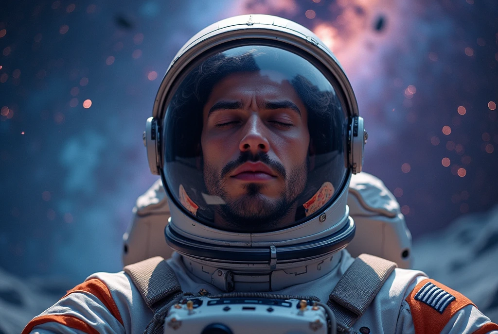 Male astronauts，Head close-up，Facing the camera，In the center，Close your eyes and meditate，with the Milky Way in the background，Wallpaper Art, Ultra HD Wallpaper，Science Fiction，magic，role conception