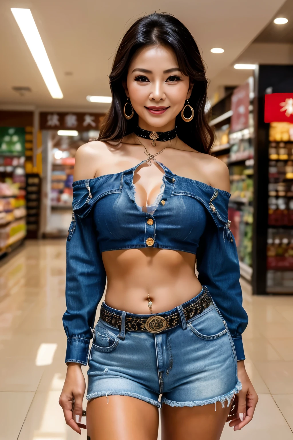 75 years old mom milf Chinese Lady large earring Big choker navel piercing decoration A bracelet realisitic Gorgeous Madame Beautiful Mature Woman sexly Smile Gentle woman navel piercing 4K High quality Gorgeous Madame Beautiful Mature Woman belt denim