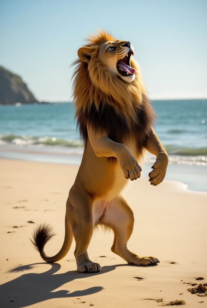 Un lion de mer se tient debout sur ses pattes arrière comme un humain sur une plage de sable ensoleillée, profitant de la lumière du soleil.