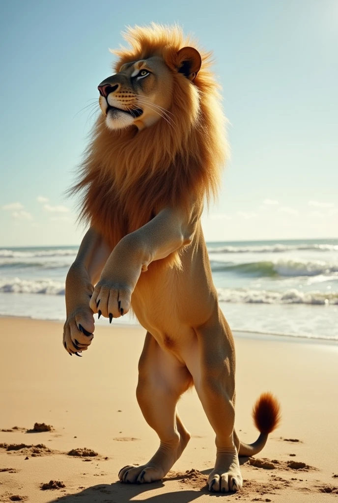 Un lion de mer se tient debout sur ses pattes arrière comme un humain sur une plage de sable ensoleillée, profitant de la lumière du soleil.