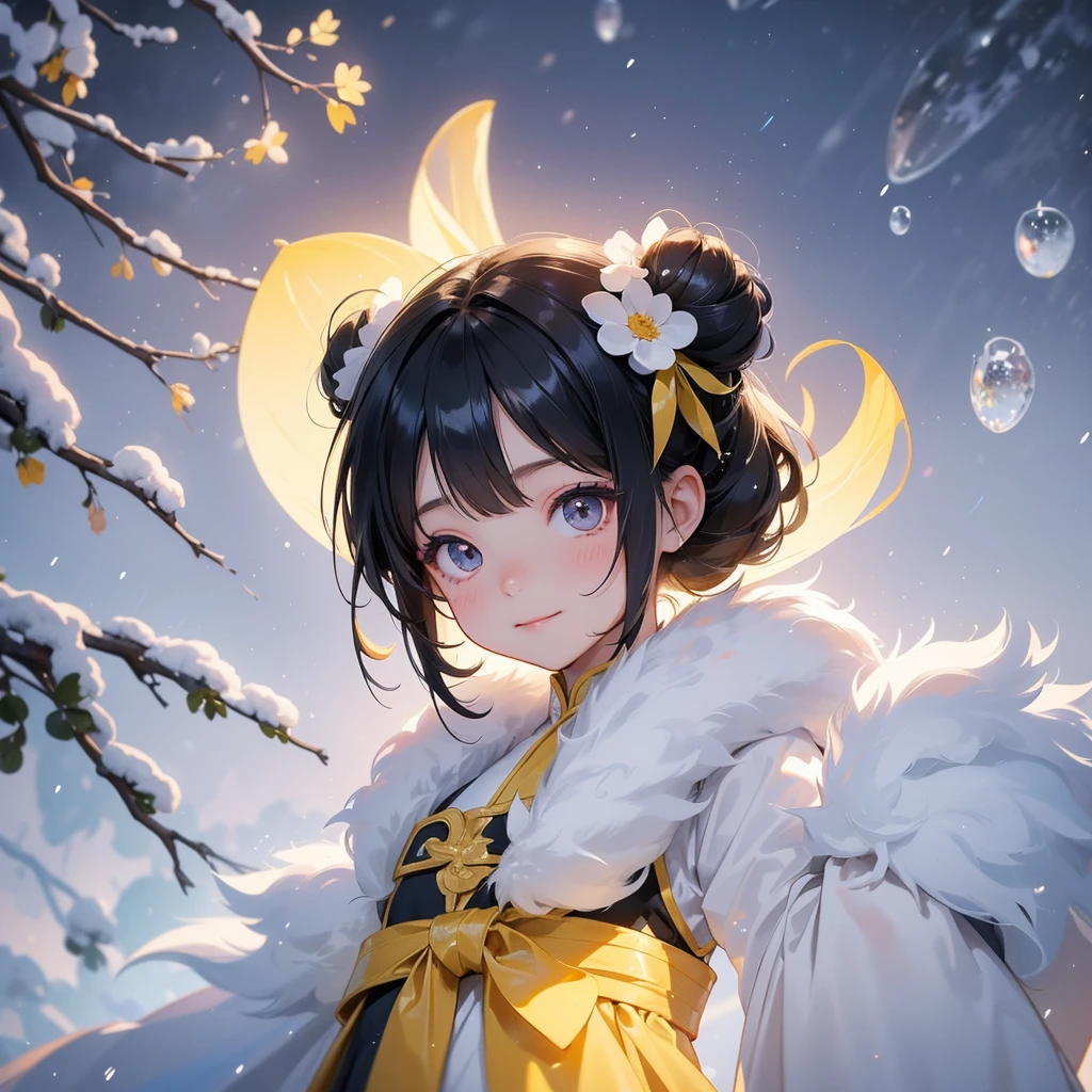 A chibi child girl had a small face and Wearing yellow little Taoist priest's outfit. A pair of big round eyes shone with curiosity about him. This child was so cute! , raindrops are falling down, her hair is black with two buns on her hair.small chibi, chibi baby, smiling.
The little chibi baby looked up with his chest raised, and his face was old and proud.
Amidst the white snowy atmosphere, the snow is falling lightly, the trees are covered with white snow, sunset. Close up.