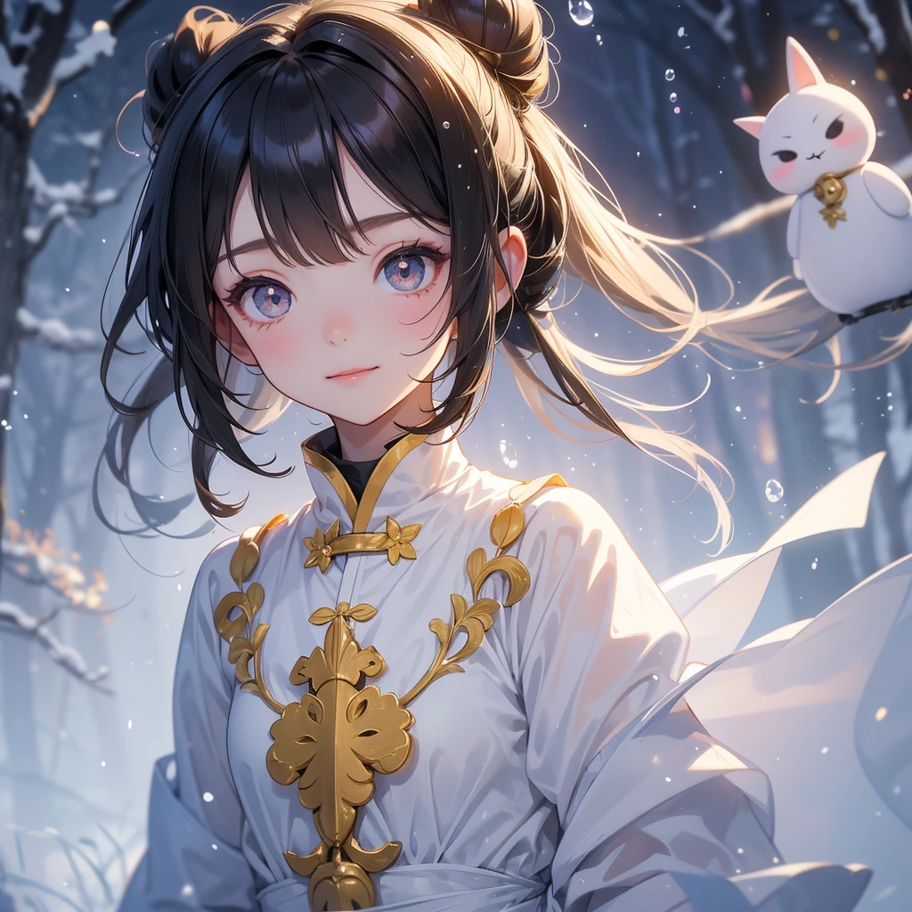 A chibi child girl had a small face and Wearing yellow little Taoist priest's outfit. A pair of big round eyes shone with curiosity about him. This child was so cute! , raindrops are falling down, her hair is black with two buns on her hair.small chibi, chibi baby, smiling.
The little chibi baby looked up with his chest raised, and his face was old and proud.
Amidst the white snowy atmosphere, the snow is falling lightly, the trees are covered with white snow, sunset. Close up.