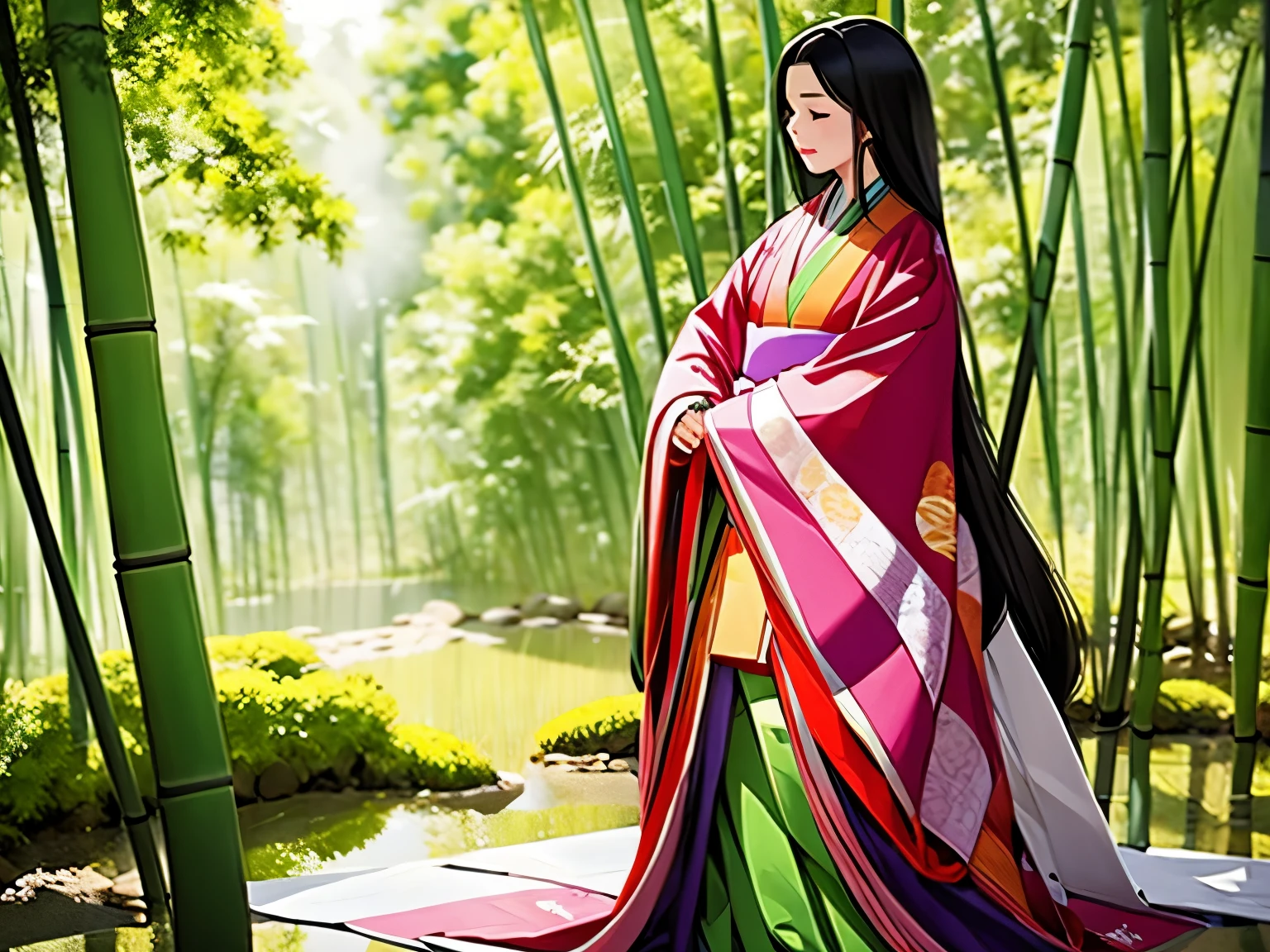 (A scene of a bamboo forest with a fantastical atmosphere;1.2)、(Bamboo forest obscured by morning mist:1.2)、(Blur the background:1.2)、 Princess Kaguya、from the front、One Girl, junihitoe, alone, Very long black hair, Purple and Red Tangyi, Purple and red hakama, Holding Hiogi、Sleeve Cuff Precise Depiction、(Highest quality、masterpiece)、4K、wallpaper、