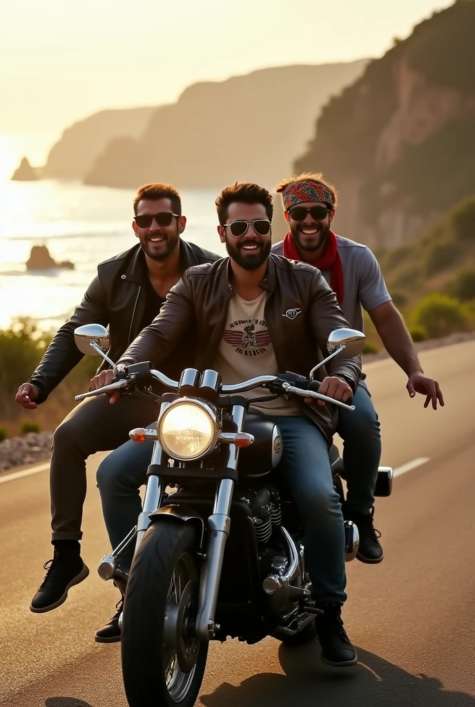 3 men sitting on bullet bike enjoying together