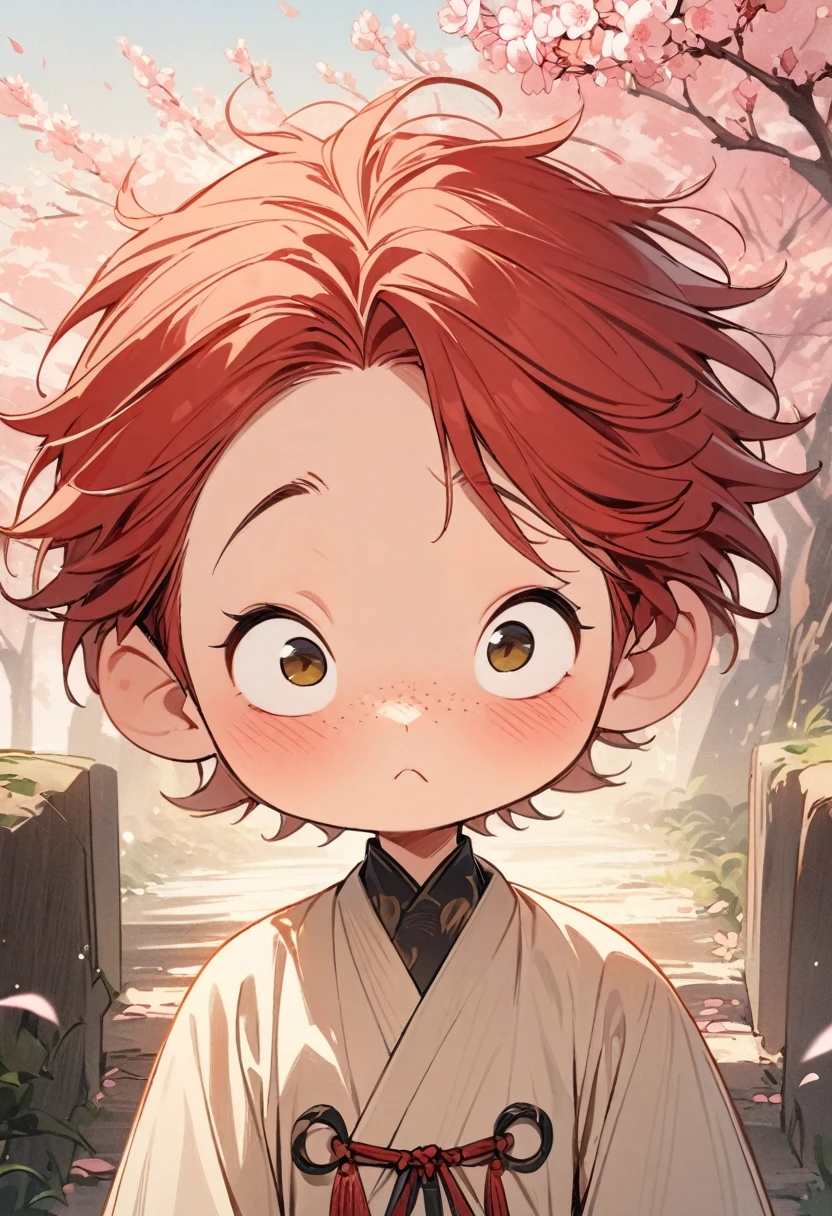 (masterpiece, best quality:1.2), Cartoon-like character design。One male boy , alone,big eyes,cute expression,Red hair, stand,Exciting,Exciting,Clean lines, cherry blossom trees, The moon rises
