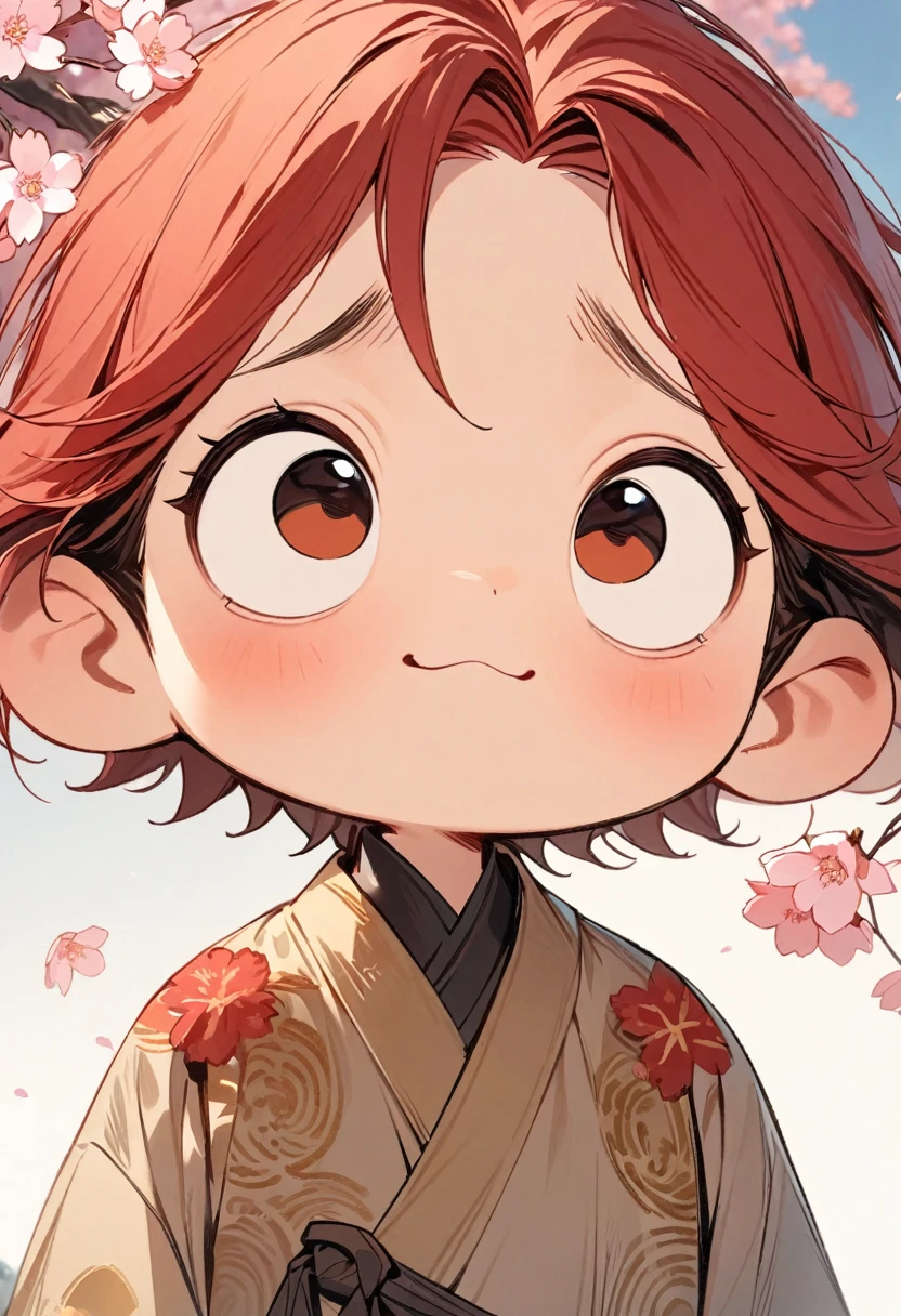 (masterpiece, best quality:1.2), Cartoon-like character design。One male boy , alone，big eyes，cute expression，Red hair, stand，Exciting，Exciting，Clean lines, cherry blossom trees, The moon rises