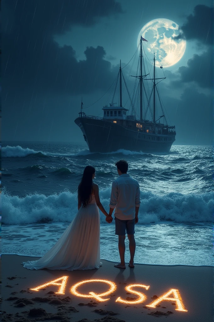 There are a couples in white dress the bank of sea the boy written girl's name AQSA in sand and it is midnight and it is raining heavily and the moon and stars are there and there is a big boat in the middle of the river.