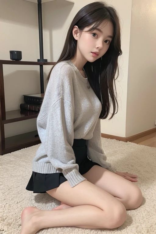 Young Girls，Short skirt，，，No pants，sit on the floor，Nothing under the skirt，Your legs，front