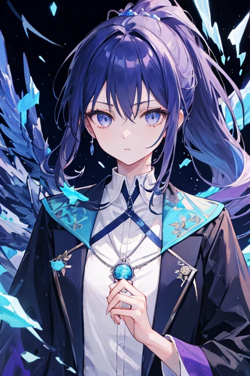 (High quality),(masterpiece),(Beautiful),1 Girl, solo, beautiful,long navy blue hair, ponytail, lavender eyes, high neck shirt,collared full sleeves jacket,amethyst crystal locket, cold gaze, mysterious, blue phoenix in background, soft blue flames, blue flowers