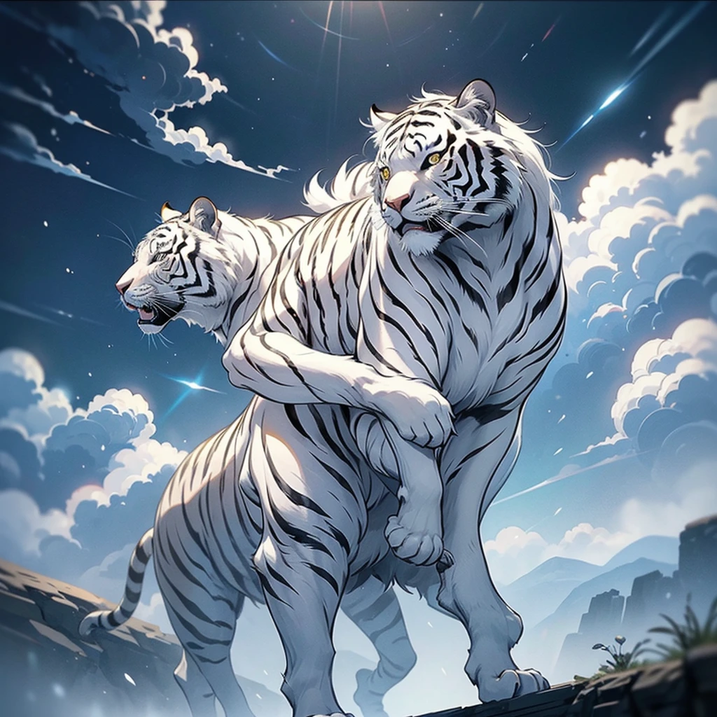 、Highest quality、Masterpiece、Official Art、Dynamic composition、Super detailed、Perfect Anatomy、White Tiger of the Four Gods、Messenger of the White Tiger、mysterious、Angel Ladder、black and white、Tiger pattern、🐅、🐯、背景はblack and whiteのゼブラ柄、