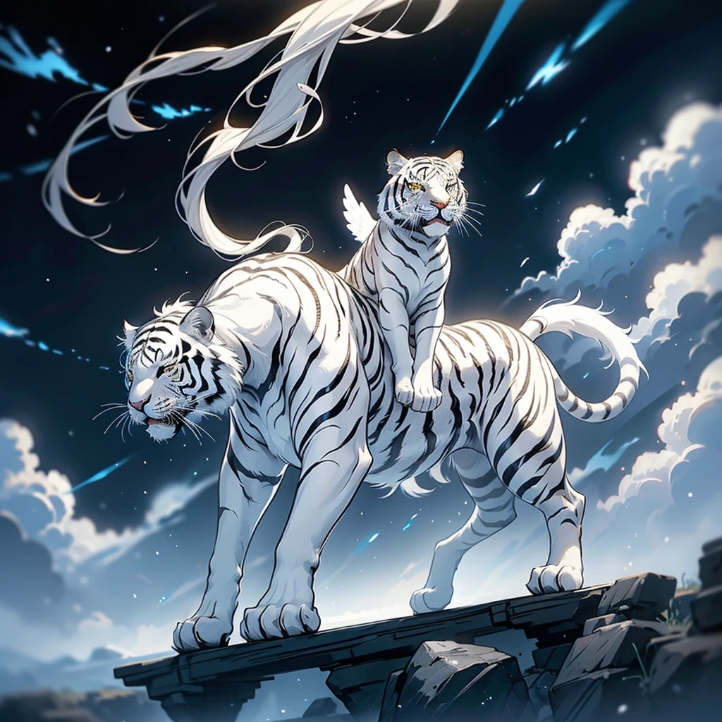 、Highest quality、Masterpiece、Official Art、Dynamic composition、Super detailed、Perfect Anatomy、White Tiger of the Four Gods、Messenger of the White Tiger、mysterious、Angel Ladder、black and white、Tiger pattern、🐅、🐯、背景はblack and whiteのゼブラ柄、