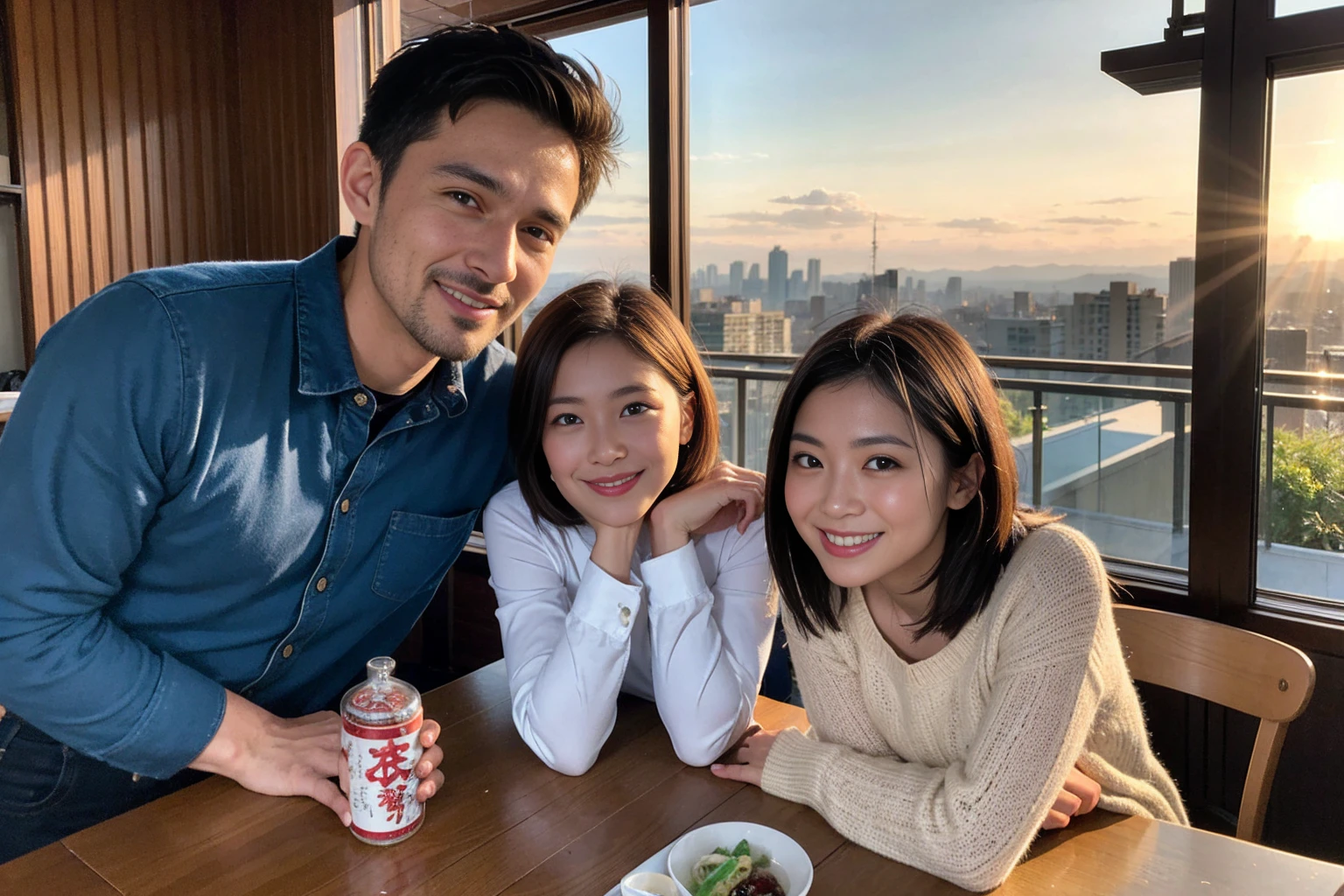 ((Highest quality、8k、masterpiece:1.3))、Izakaya、Japanese sake、Slim couple、Model Couple、(Realistic, Intricate details:1.2), Japanese sake、1 liter bottle、Japanese food、Soba、Japanese sake、Shochu 、Amazing view of the sunset sky and clouds、Bright smile、The beauty of a smile、Bright image、Beautiful Face, blue eyes, The light shines on your face, blush, short hair,Bright Face、 (Age 37), 39 years old, Brown Hair、Shortcuts、Long sleeve shirt、dress、Beautiful woman