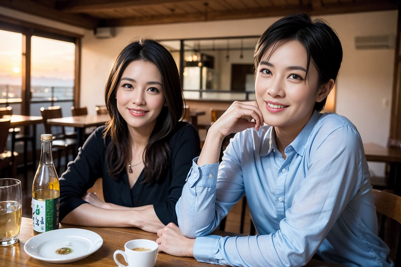((Highest quality、8k、masterpiece:1.3))、Izakaya、Japanese sake、Slim couple、Model Couple、(Realistic, Intricate details:1.2), Japanese sake、1 liter bottle、Japanese food、Soba、Japanese sake、Shochu 、Amazing view of the sunset sky and clouds、Bright smile、The beauty of a smile、Bright image、Beautiful Face, blue eyes, The light shines on your face, blush, short hair,Bright Face、 (Age 37), 39 years old, Brown Hair、Shortcuts、Long sleeve shirt、dress、Beautiful woman