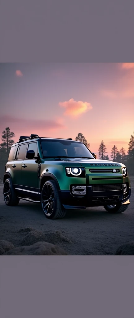 Ah ultra hd wide long straight photography of Brand new (premium (luxury )land rover defender 110 model 2024) 5 door defender in dark greenish colour with (luxury glazy shining body painting) and side mounted ladder. (Luxury big Diamond cut alloy wheels) are turned and body lowered vehicle). Sharp head lamps. Dark violet sky and dark grey soil and background filled with dark trees.