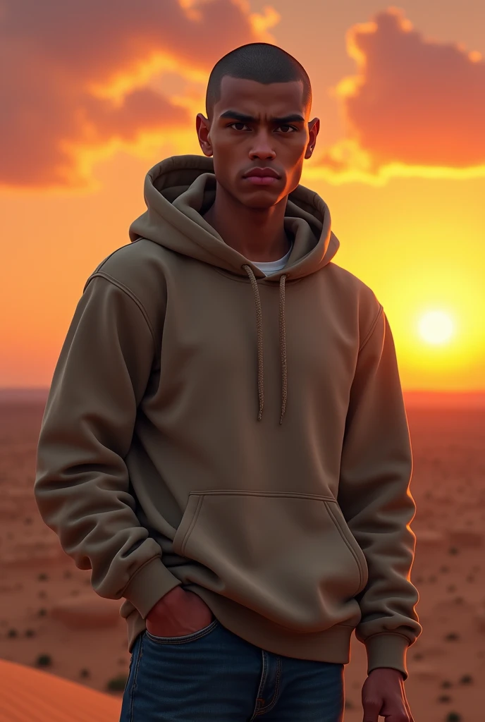Create a realistic photo of a young man of Moroccan nationality with a gaunt face, a shaved head, and black eyes., portant un sweat-shirt à capuche et un jean. Il a un air déterminé et regarde vers l'horizon de corpulence moyenne et grand