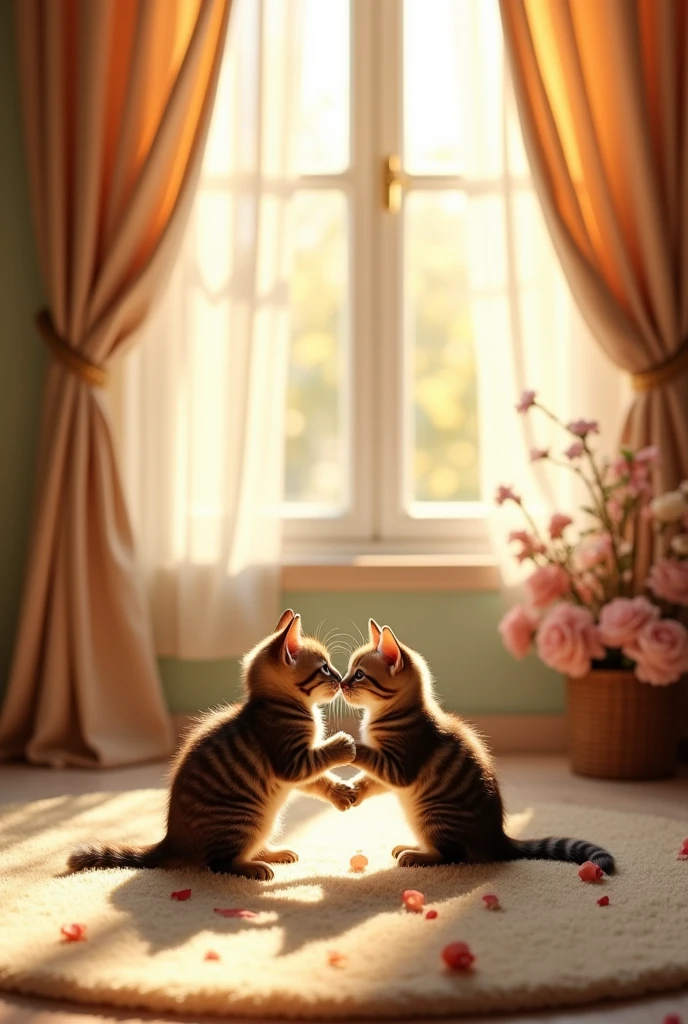 Cute room, big window, curtains.  Brown tabby pattern, black tabby pattern, beautiful details. Cute and heartwarming. Two kittens with their tails in a heart shape.