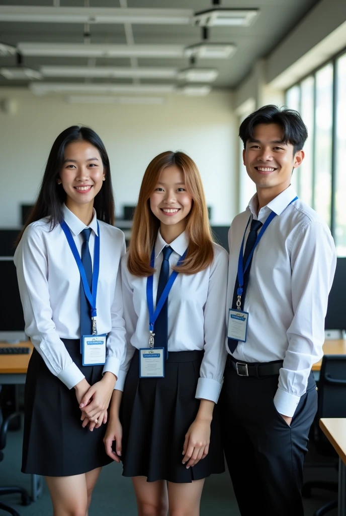(Masterpiece),(complication:1.3),(realistic),The image is very complex,Image of 3 men and women,smile happily,คนที่1 ภาพเหมือนของหญิงสาว18 years old,Thai face,The most beautiful in the world,long black hair,(White long-sleeved shirt, black short skirt, blue tie),Person 2, portrait of a young woman,Age 15-17,Half Thai-British face,The most beautiful in the world,short golden hair,(White long-sleeved shirt, black short skirt, blue tie),The third picture is a portrait of a man.,18 years old, Thai face,The most handsome in the world,black hair, (White long-sleeved shirt, black slacks, blue tie),Everyone is wearing a blue student ID lanyard,(In the computer room),แสงแดดอ่อนมภาพถ่ายมืออาชีพของผู้หญิงที่Amazingอย่างละเอรยด,ภาพถ่ายมืออาชีพของผู้ชายที่Amazingอย่างละเอียด,focus,Amazing,Awarded the best photographer in the world,Cinematic lighting,Octane makes the engine not real volume dtx,Computer background,Horizontal image,(Firm physique,blurred background,The foreground is blurry.,Bokeh,depth of field,Blurred motion:1.3)