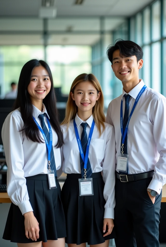 (Masterpiece),(complication:1.3),(realistic),The image is very complex,Image of 3 men and women,smile happily,คนที่1 ภาพเหมือนของหญิงสาว18 years old,Thai face,The most beautiful in the world,long black hair,(White long-sleeved shirt, black short skirt, blue tie),Person 2, portrait of a young woman,Age 15-17,Half Thai-British face,The most beautiful in the world,short golden hair,(White long-sleeved shirt, black short skirt, blue tie),The third picture is a portrait of a man.,18 years old, Thai face,The most handsome in the world,black hair, (White long-sleeved shirt, black slacks, blue tie),Everyone is wearing a blue student ID lanyard,(In the computer room),แสงแดดอ่อนมภาพถ่ายมืออาชีพของผู้หญิงที่Amazingอย่างละเอรยด,ภาพถ่ายมืออาชีพของผู้ชายที่Amazingอย่างละเอียด,focus,Amazing,Awarded the best photographer in the world,Cinematic lighting,Octane makes the engine not real volume dtx,Computer background,Horizontal image,(Firm physique,blurred background,The foreground is blurry.,Bokeh,depth of field,Blurred motion:1.3)
