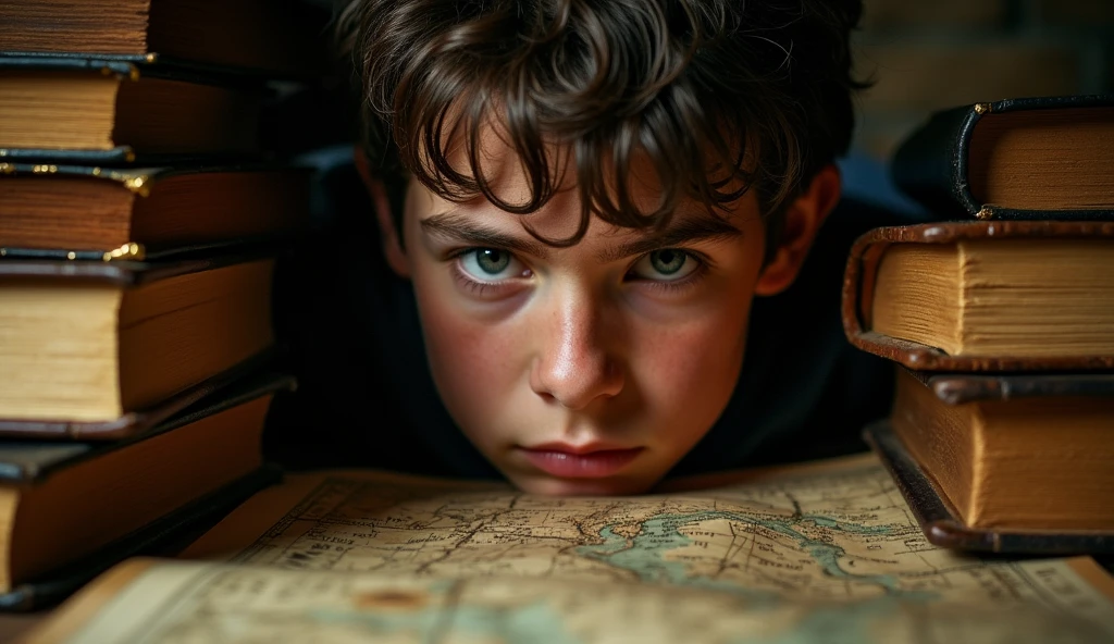A close-up of young Napoleon, with determined eyes, surrounded by ancient books and military maps, symbolizing his early interest in warfare."