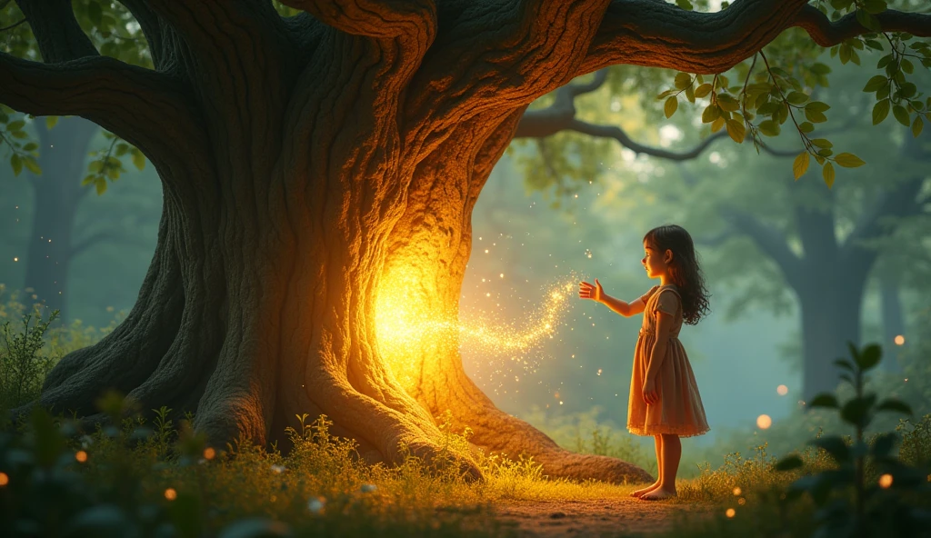 Lily touching the trunk of the Magic Tree, with a bright, intense glow emanating from the tree. Sparkling lights fill the air, creating a magical and enchanting atmosphere.