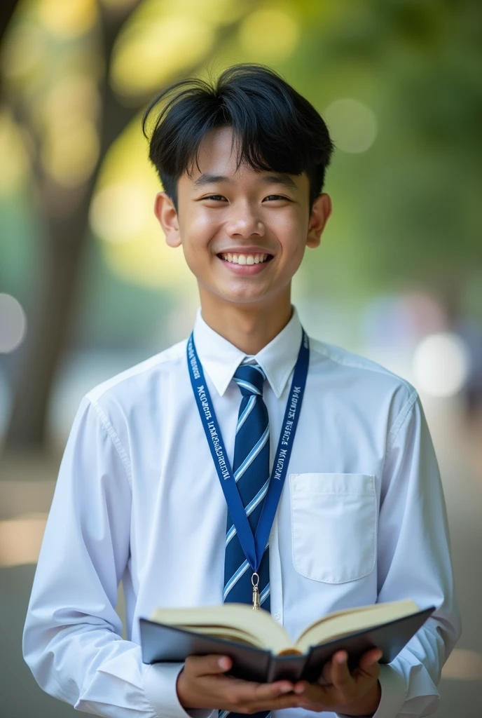 (Masterpiece),(complication:1.3),(The most realistic),((not revealing or provocative)),(Dress appropriately and neatly.),(A student), Portrait of a man, 18 years old, beautiful face, Handsome Thai face ,black hair,smiling and happy, holding a notebook, Thai person ((wearing a white long-sleeved collared shirt)), (Wear a blue lanyard with white lettering that says "kalasin Vacational School"),(Wear a blue tie with a single stripe.), Dressed simply,warm light, weak sunlight, Photo shows only half of the body ,professional photographer for detailed photos, Have clarity, dramatic, Awarded first prize, Cinematic lighting, (film grain,A blurry background, Blurred background, bokeh, depth of fied),(Children under 18 years old can watch.)