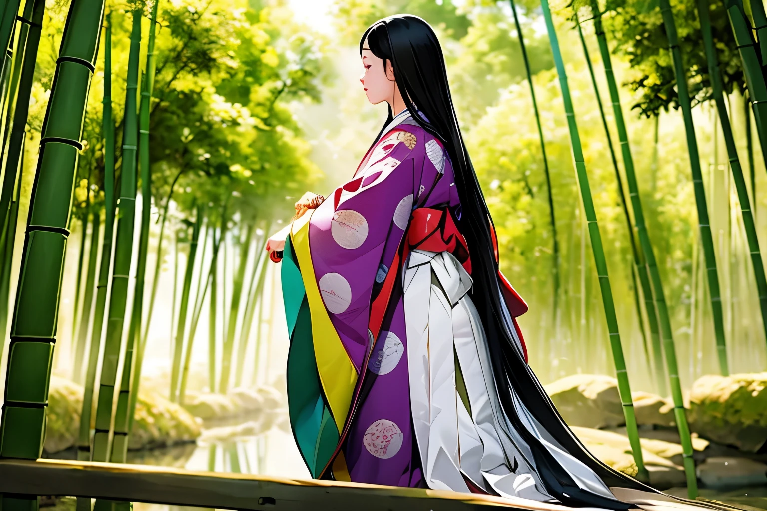 (A scene of a bamboo forest with a fantastical atmosphere;1.2)、(Bamboo forest obscured by morning mist:1.2)、(Blur the background:1.2)、 Princess Kaguya、from the front、One Girl, junihitoe, alone, Very long black hair, Purple and Red Tangyi, Purple and red hakama, Holding Hiogi、Sleeve Cuff Precise Depiction、(Highest quality、masterpiece)、4K、wallpaper、