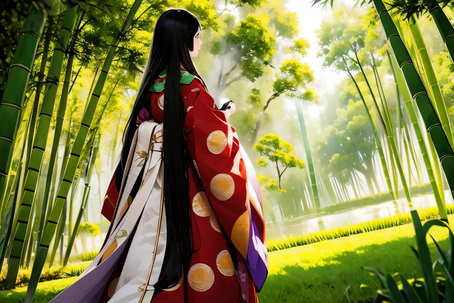 (A scene of a bamboo forest with a fantastical atmosphere;1.2)、(Bamboo forest obscured by morning mist:1.2)、(Blur the background:1.2)、 Princess Kaguya、from the front、One Girl, junihitoe, alone, Very long black hair, Purple and Red Tangyi, Purple and red hakama, Holding Hiogi、Sleeve Cuff Precise Depiction、(Highest quality、masterpiece)、4K、wallpaper、