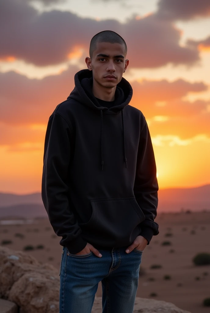 Create a realistic photo of a young man of Moroccan nationality with a gaunt face, a shaved head, and black eyes., portant un sweat-shirt à capuche et un jean. Il a un air déterminé et regarde vers l'horizon de corpulence moyenne et grand