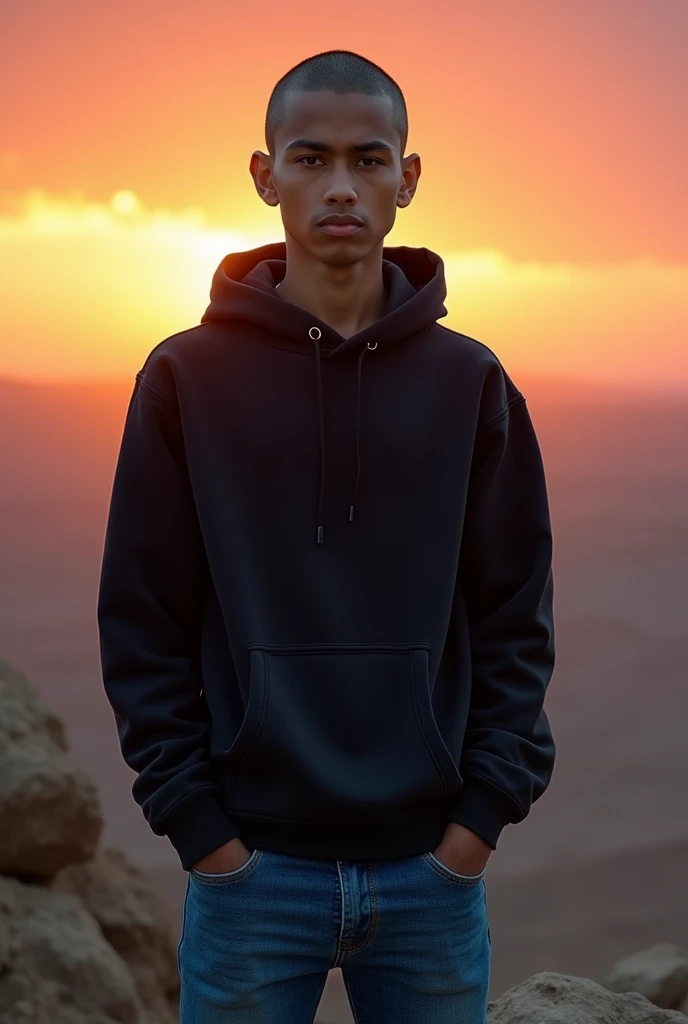 Create a realistic photo of a young man of Moroccan nationality with a gaunt face, a shaved head, and black eyes., portant un sweat-shirt à capuche et un jean. Il a un air déterminé et regarde vers l'horizon de corpulence moyenne et grand