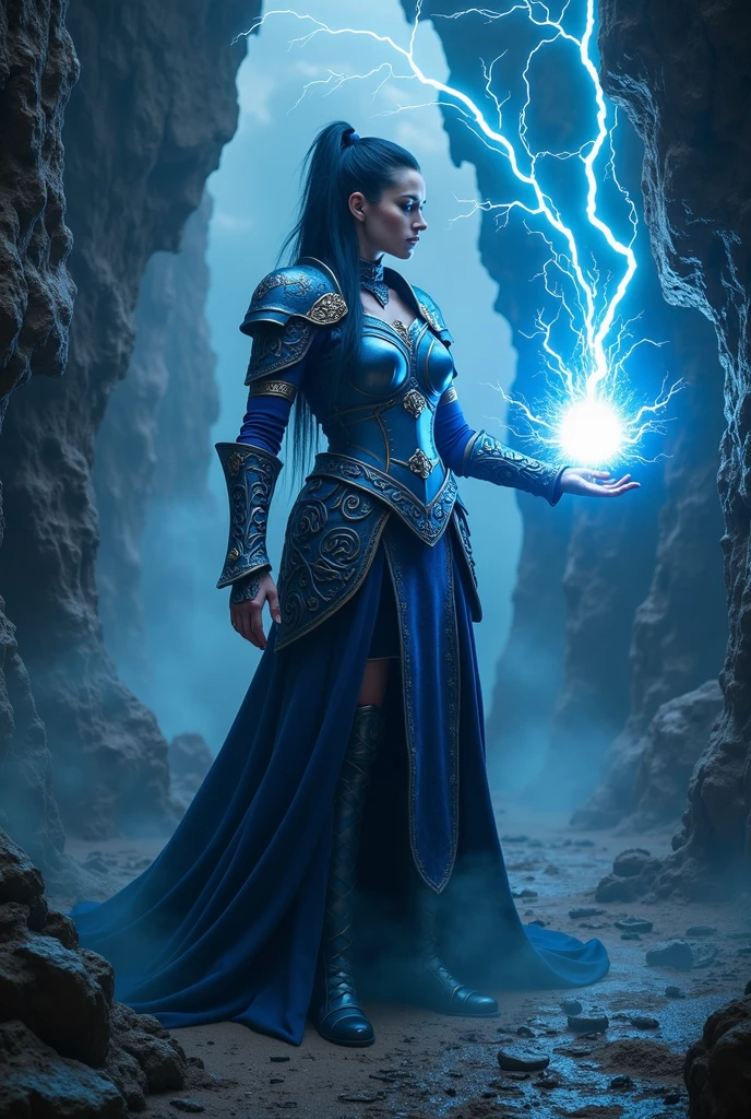 Aletta Ocean, angry evil beautiful and muscular, Nordic female, towering storm Giantess with blue black hair in a ponytail, older and mature woman, throwing a lightning ball, celtic glowing tattoos, wearing nordic steel runic plate mail Armour , temple cave background with lightning storm, glowing blue eyes, square jaw, powerful and imposing, winter clothing, pale blue purple skin, ((full plate celtic dragon armour)), nordic tattoos, fit bodybuilder