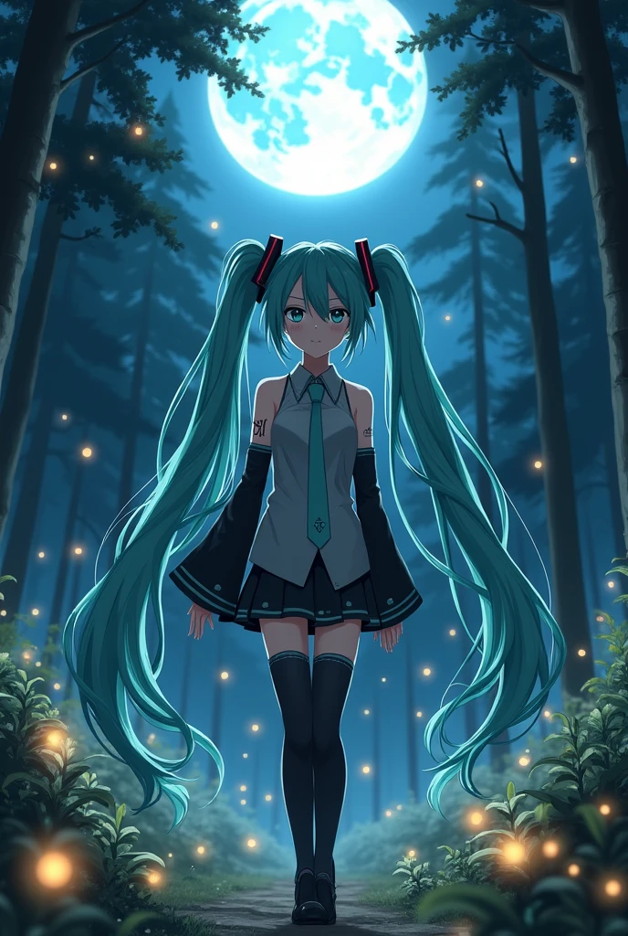 Anime art, anime style, detailed drawing, beautiful forest background, high definition, high quality, one girl, solo, Hatsune Miku, aqua hair, twin tails, headphones, small number tattoo "01" (red, located on her right hand), grey sleeveless collared shirt, black detached sleeves with aqua lines, five fingers with aqua nails, aqua necktie, black pleated mini skirt with aqua lines, zettai ryouiki, thigh-high black boots with aqua lines.
Get example from this image: https://vocaloidespanol.fandom.com/es/wiki/Hatsune_Miku?file=Hatsune_Miku.png
Miku Hatsune hugging a black cat in the night; there is witch woman following her behind