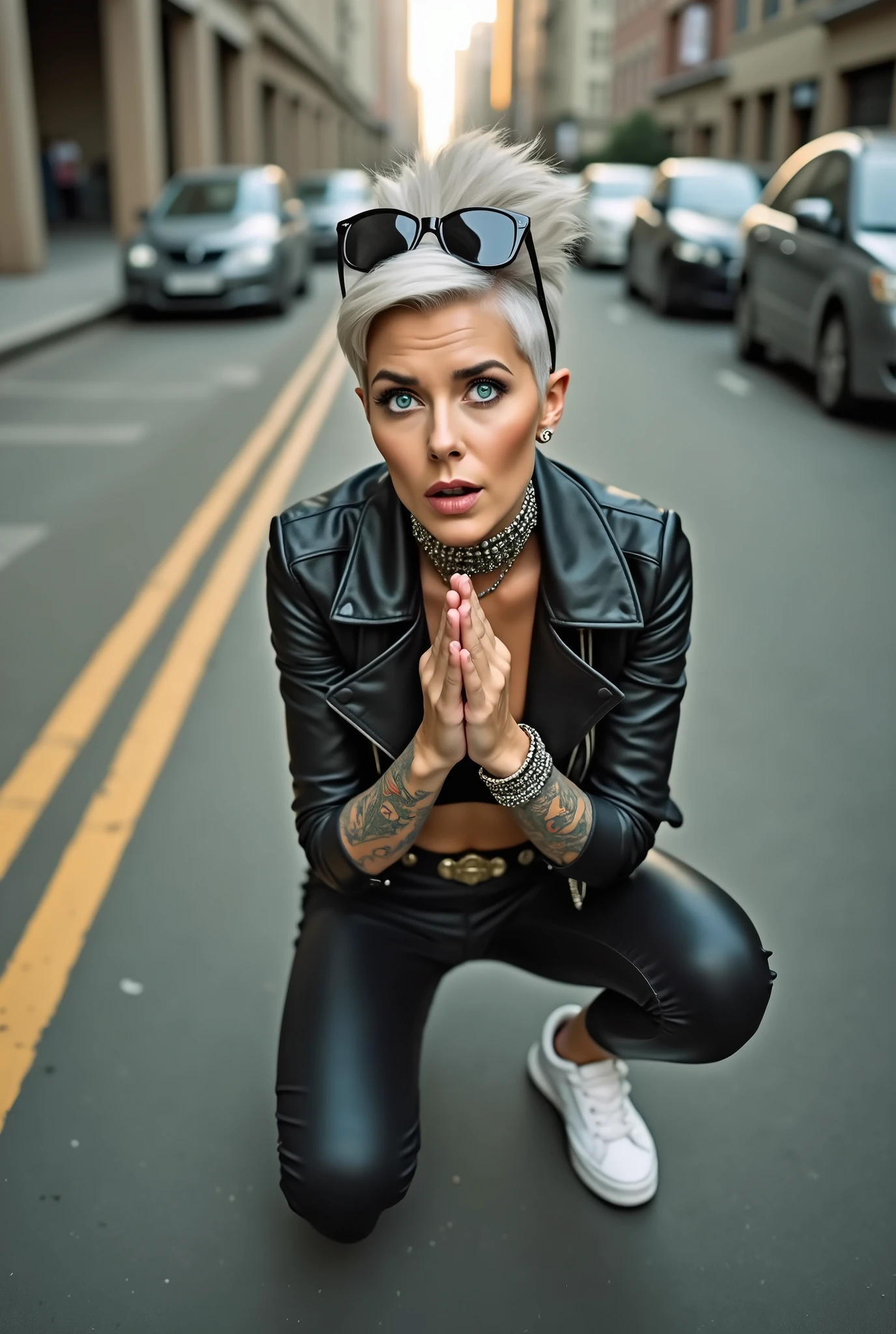 russian old milf woman, grey hair (huge top bun with shaved sides) and sunglasses as headband (big maxi glasses), with very light blue eyes, extremely pale. Wearing cropped black moto jacket, black bra, black skinny leggings and white tennis sneakers . Lots of metallic bracelets and collars. Tacky leather belt with oversized buckle. Long tacky earrings. Kneeling in a payer, looking up, chin up, eyes and mouth wide open in amazement. Hands in prayer position .Looking at the camera in amazement, toned abdominals, thin legs and thin arms. tattoed