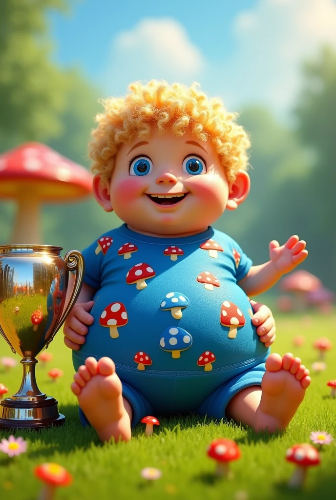 Image of a blond very thick round belly no neck with mold green foot blue eyes short curly hair name Otto Wilhelm blue football clothes with mushrooms lie trophy without socks big feet without toes
