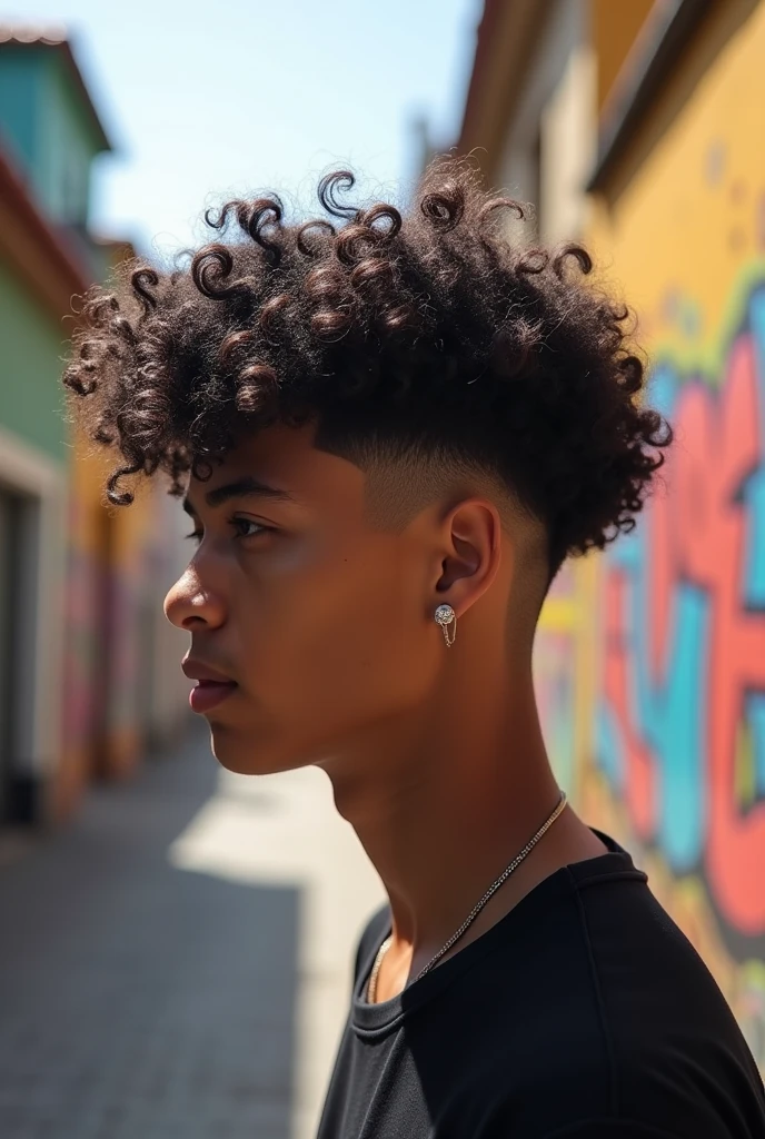 Defined Curls with a mid fade haircut. View from the left side