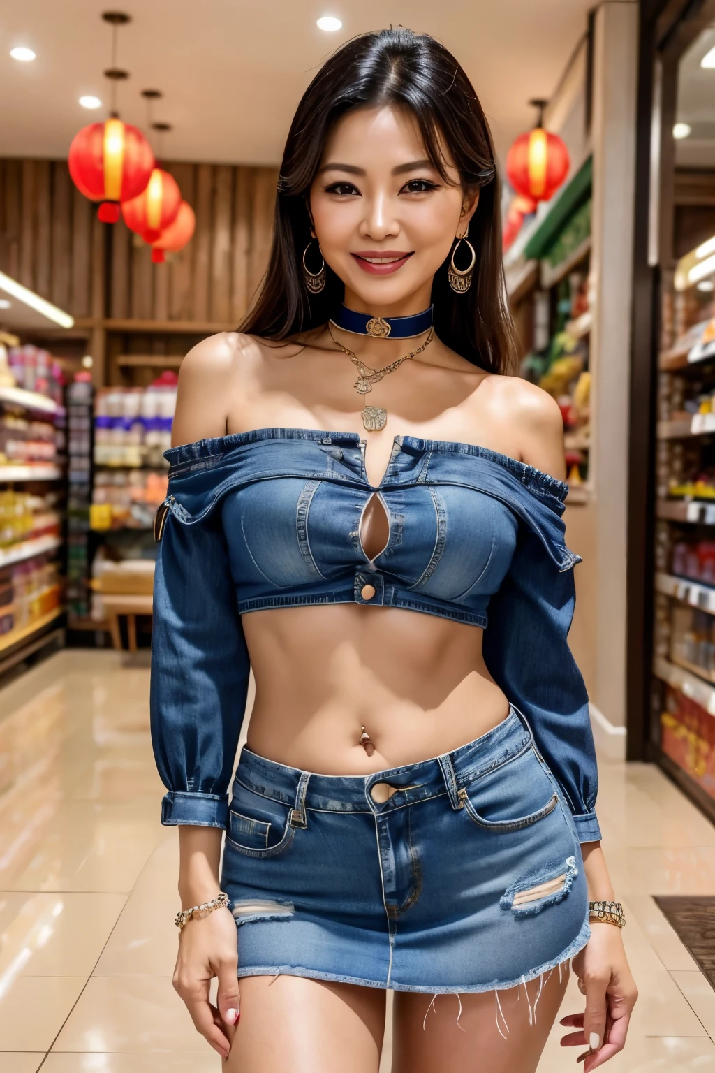 75 years old mom milf Chinese Lady large earring Big choker navel piercing decoration A bracelet realisitic Gorgeous Madame Beautiful Mature Woman sexly Smile Gentle woman navel piercing 4K High quality Denim mini skirt Gorgeous Madame Beautiful Mature Woman