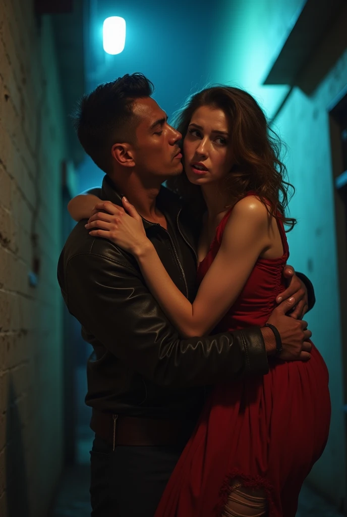 A girl on a guy's shoulders, the girl is scared because the guy has kidnapped her. The guy and the girl are adults. The girl is wearing a torn red dress.