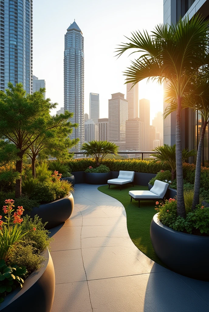 Modern rooftop garden with curved walkway