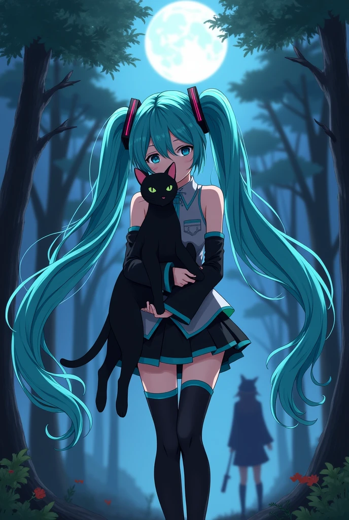 Anime art, anime style, detailed drawing, beautiful forest background, high definition, high quality, one girl, solo, Hatsune Miku, aqua hair, twin tails, headphones, small number tattoo "01" (red, located on her right hand), grey sleeveless collared shirt, black detached sleeves with aqua lines, five fingers with aqua nails, aqua necktie, black pleated mini skirt with aqua lines, zettai ryouiki, thigh-high black boots with aqua lines.

Get example from this image: https://vocaloidespanol.fandom.com/es/wiki/Hatsune_Miku?file=Hatsune_Miku.png

Miku Hatsune hugging a black cat in the night; there is witch woman following her behind