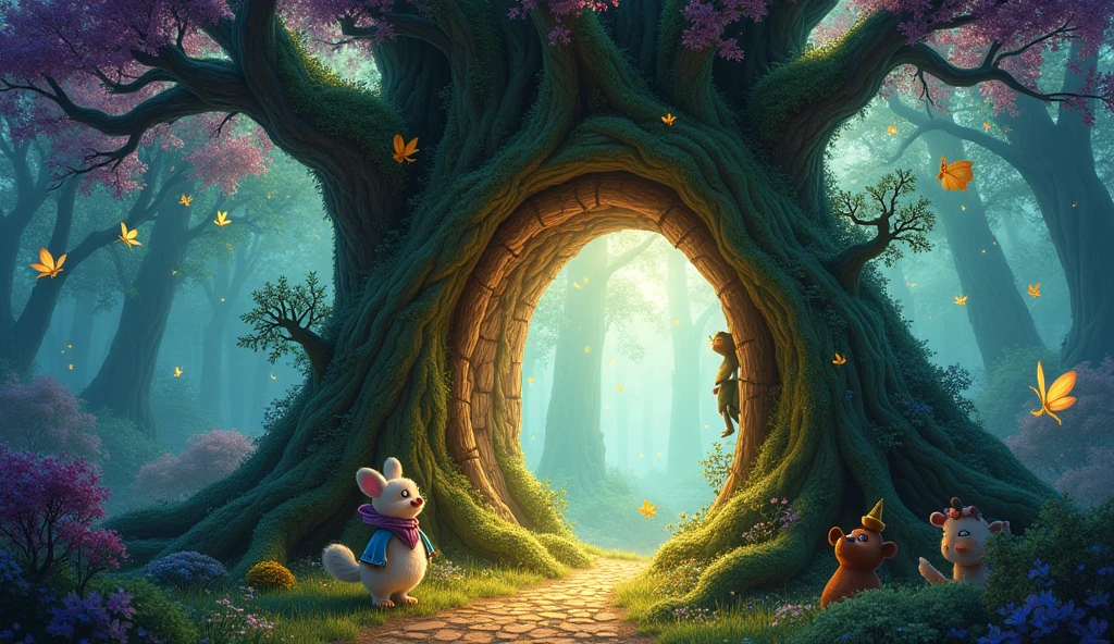 A hidden door opening in the Magic Tree’s trunk, leading to an enchanted forest. The forest is full of whimsical creatures like fairies and talking animals, with vibrant, magical colors all around.