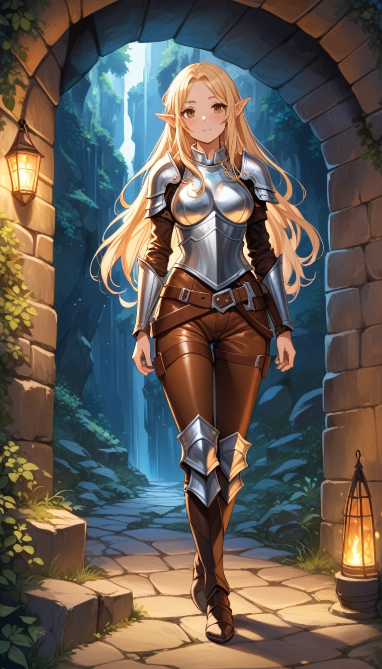 best quality, masterpiece, newest, 
(1girl, elf girl, (tiny, short height, small girl:1.), medium breasts), (dressed in full body leather armor, rogue armor outfit, leather jacket, leather pants:1.2), detailed eyes and face, beautiful detailed eyes, brown eyes, blonde hair, flowing hair, long hair, shining hair, dark tanned skin, standing inner cave entrance), BREAK
(medium wide shot), (dynamic perspective), sharp focus , (depth of field, bokeh:1.3), 
(medieval, fantasy dungeon cave entrance, cowboy shot, side shot, holding daggers, evening, night time, fireflies)