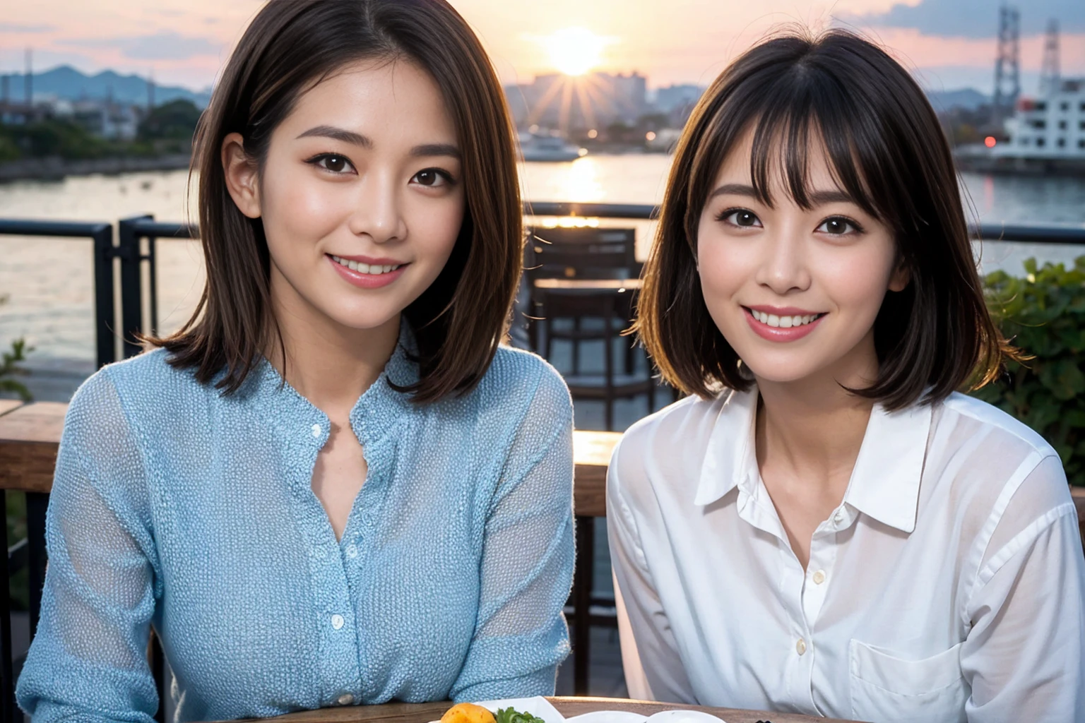 ((Highest quality、8k、masterpiece:1.3))、Izakaya、Japanese sake、Slim couple、Model Couple、(Realistic, Intricate details:1.2), Japanese sake、1 liter bottle、Japanese food、Soba、Japanese sake、Shochu 、Amazing view of the sunset sky and clouds、Bright smile、The beauty of a smile、Bright image、Beautiful Face, blue eyes, The light shines on your face, blush, short hair,Bright Face、 (Age 37), 39 years old, Brown Hair、Shortcuts、Long sleeve shirt、dress、Beautiful woman