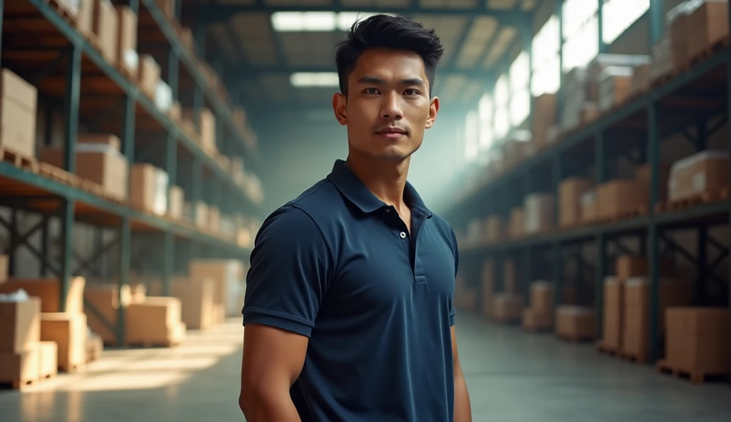 A photo of a man wearing a dark blue polo shirt. He should be an Asian man in his 20s. The background should be a warehouse.