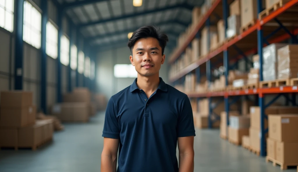 A photo of a man wearing a dark blue polo shirt. He should be an Asian man in his 20s. The background should be a warehouse.