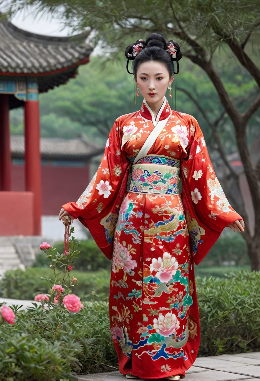 Full-body figure seen from the front
Qing dynasty empress on all fours outside the Qing dynasty Chinese palace wearing Manchu clothing with red garish floral pattern Manchu clothing open in front Manchu crotch showing dewy path from Manchu　
Chest and breasts bare and dewy.
The head is adorned with large flowers and her hair is tied up and pulled back.
Erotic woman's
Her breasts and stomach are bare and exposed,
Her hair is tied up in a knot in the front, her hair is tied and pulled up, and she is not wearing panties, her cunt hair is showing from the front