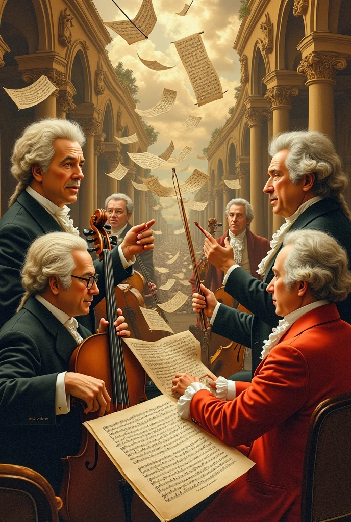 Create an image that represents the history of classical music. Include elements such as famous composers (e.g., Bach, Mozart, Beethoven), classical instruments (e.g., violin, piano), sheet music, and iconic music venues (e.g., concert halls). The background can be a timeline or a collage showcasing different eras, from Baroque to Romantic to Modern. Docum