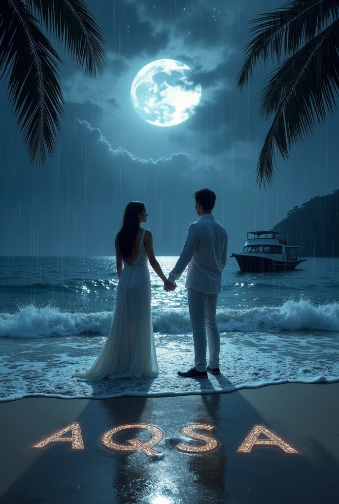 There are a couples in white dress the bank of sea the boy written girl's name AQSA in sand and it is midnight and it is raining heavily and the moon and stars are there and there is a big boat in the middle of the river.