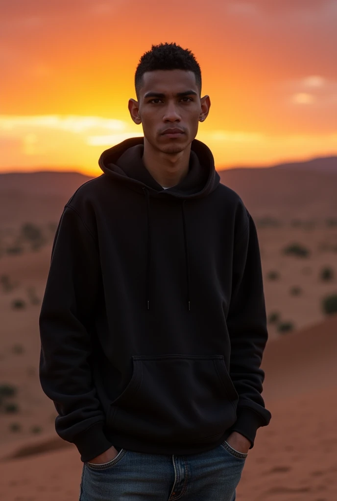 Create a realistic photo of a young man of Moroccan nationality with a gaunt face, a shaved head, and black eyes., portant un sweat-shirt à capuche et un jean. Il a un air déterminé et regarde vers l'horizon de corpulence moyenne et grand