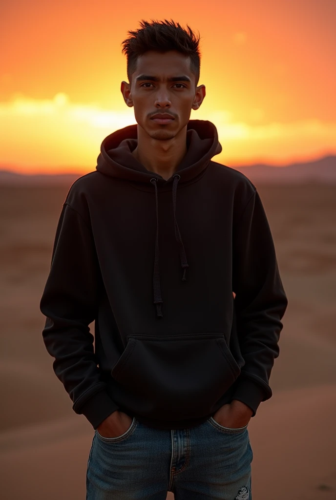 Create a realistic photo of a young man of Moroccan nationality with a gaunt face, a shaved head, and black eyes., portant un sweat-shirt à capuche et un jean. Il a un air déterminé et regarde vers l'horizon de corpulence moyenne et grand